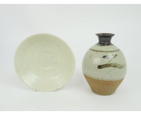 BERNARD LEACH (1887-1979) A stoneware pottery vase painted with stylised Z decoration, 9cm high, together with a Celadon glaz