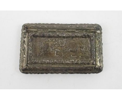 A CONTINENTAL SILVER GILT SNUFF BOX of rectangular form, the hinged lid decorated with a stag hunting scene, with cast floral