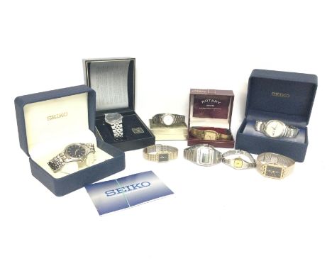 A collection of watches, some boxed including Seiko Kinetic, Rotary Seamaster etc, postage cat B