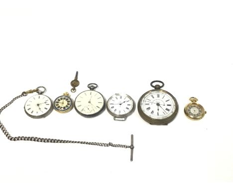 Collection of various pocket watches including some silver ones and a silver watch chain. Some running (first two from left o