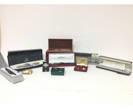 Cased pens by Parker, Kingsley etc, boxed cufflinks, womens Rotary watch NO RESERVE