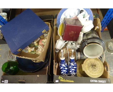 Two boxes of mixed ceramics, glassware, metalware, including ceramic pierrot clown figures.