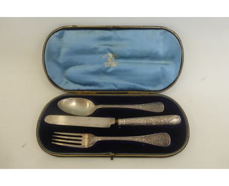 A cased Victorian knife, spoon and fork set, maker FRAS HIGGINS, London 1861.