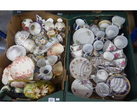Two boxes of mixed ceramics and glassware etc. including glass paperweights and ceramic lidded trinket boxes.
