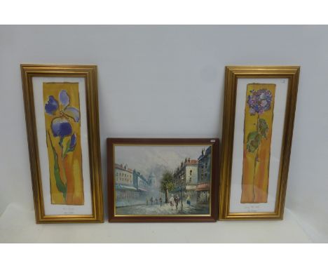 An oil on canvas - a Parisian street scene with figures and a pair of colour prints "Iris Eyes" and "Long Tall Sally", both i