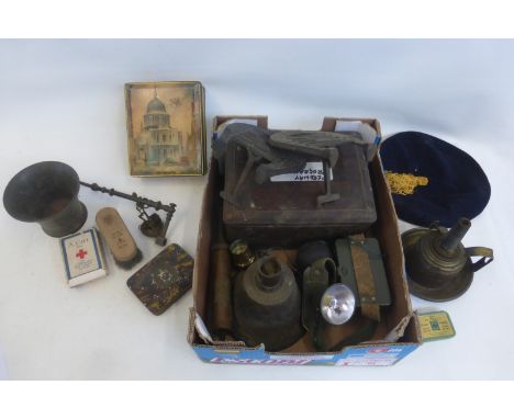 A box of mixed collectables including a set of 19th Century hand held scales (spice).