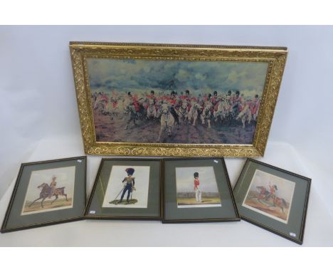 Gilt framed colour print "Charge of the Light Brigade" and four prints of 19th Century military figures, in Hogarth style fra