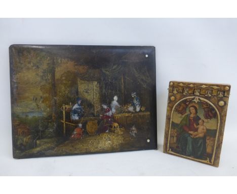 A 19th Century mother of pearl inlaid lacquered book cover depicting an Oriental interior and landscape together with a playi