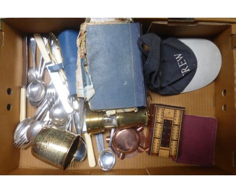 A box of mixed collectables including a miner's lamp, a crew cloth cap, Mrs Beeton's Cookery Book, flatware and a 1914 Field 
