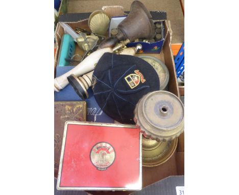 A box of mixed collectables including ceramic beer pump handles, a cased Swedish primus stove, candlesticks etc.