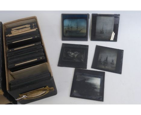 A box of assorted magic lantern slides mostly of 19th Century scenes.