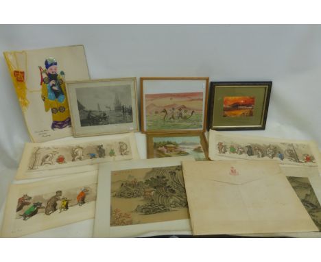 An assortment of prints, Chinese screen prints, a comical Loch Ness watercolour etc.