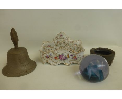 A Caithness glass paperweight "Cauldron Aqua" a Dresden ceramic letter rack and an R.A.F. Benevolent cast bell from a shot do