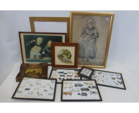 An assortment of framed prints, an oil on board signed by Pier de Gynt; also a needlework cottage garden signed by Anne Harri