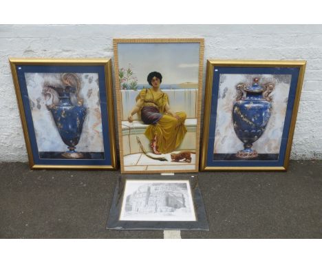 Two similar gilt framed and glazed prints depicting a Grecian ceramic ewer and a matching vase; also a print depicting a seat