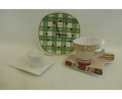 A 1950s Smiths Sectric ceramic T.G. Green and Co. Ltd "Gingham" patterned wall clock and two Villeroy & Boch cups and saucers