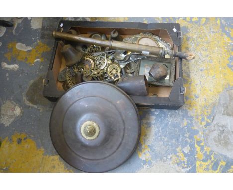 A box of mostly brassware including 19th Century bronze bells etc.