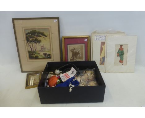 A box of mixed collectables including 1920s ladies of fashion prints, wristwatches, early 20th Century travel accessories, a 