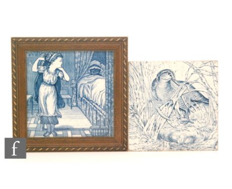 A framed Josiah Wedgwood &amp; Sons blue and white 'Little Red Riding Hood' tile, depicting the wolf in bed disguised as gran