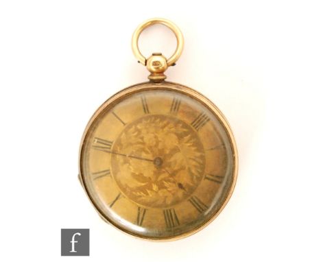 A 19th Century 18ct open faced fob watch with Roman numerals to a gilt dial, total weight 44g, S/D.
