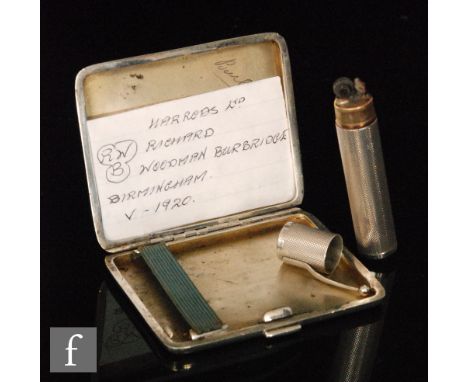 A hallmarked silver rectangular cigarette case with engine turned decoration, length 8.5cm, Birmingham 1920, Harrods Ltd., to