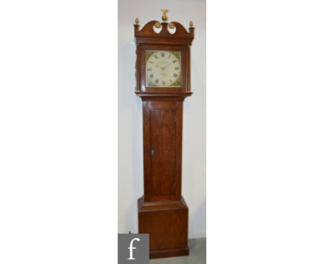 A 19th Century oak long case clock, the panted dial by William Marsh with thirty hour movement enclosed by a pillared hood ce