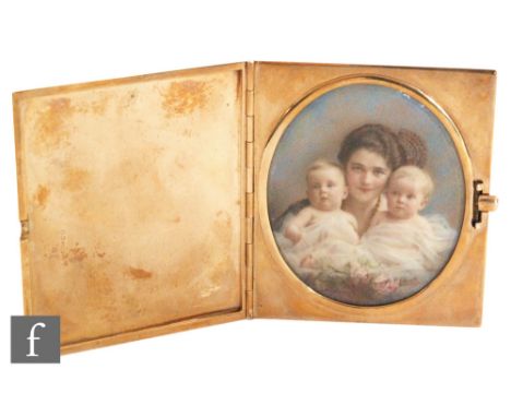 A 9ct hallmarked rectangular case with engine turned decoration to whole opening to an oval miniature depicting a head and sh