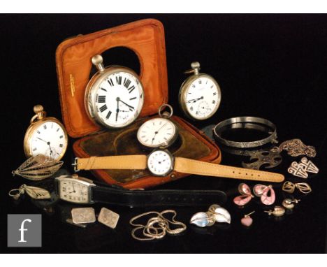 A small parcel lot of assorted silver and white metal items to include four pocket watches, two wrist watches, earrings, cuff