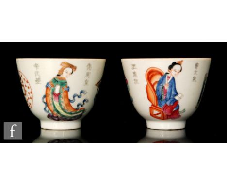 A pair Chinese 'Wu Shuang Pu' (table of peerless heroes) porcelain teabowls decorated in famille rose enamels depicting femal