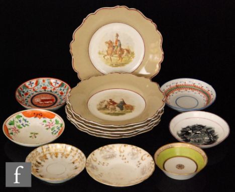 A set of six 19th Century Staffordshire wavy edged plates each decorated to the central well with a different hand tinted sce