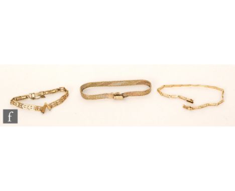 A 14ct flexible bracelet  comprising eighteen elongated Greek key pattern panels, weight 5.5g, with a 9ct watch bracelet weig