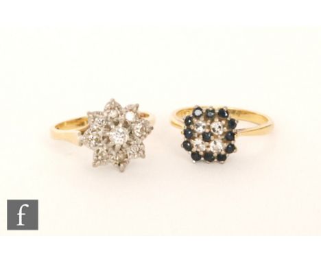 An 18ct hallmarked diamond cluster ring, nine illusion set diamonds to knife edged shoulders, with an 18ct sapphire and diamo