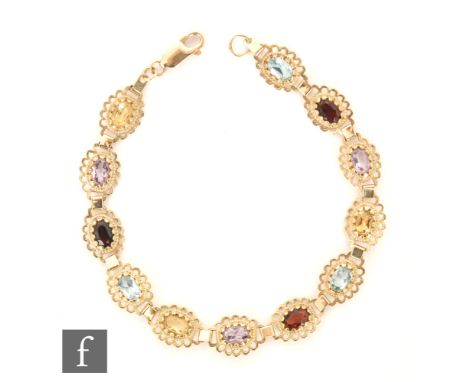 A 9ct hallmarked multi stone flexible bracelet comprising twelve oval stones to include amethyst, citrene and garnet, termina