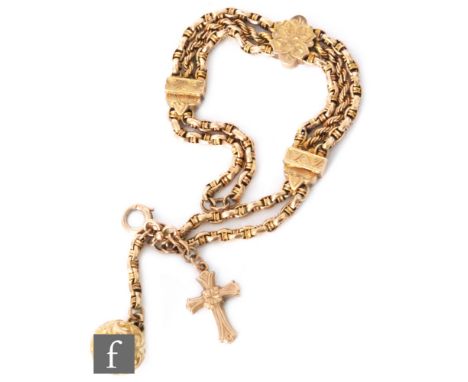 An early 20th Century 9ct three strand bracelet comprising belcher and rope twist terminating in ball fob and bolt ring faste