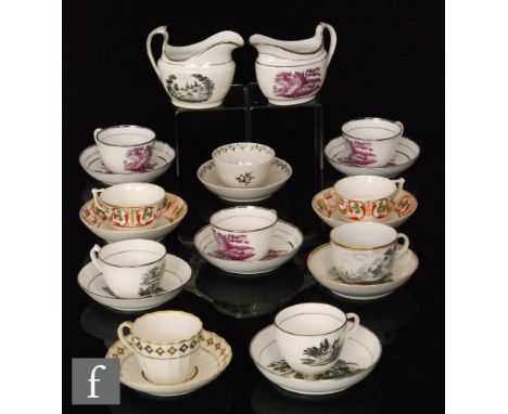 A collection of assorted 19th Century teacups and saucers and cream jugs, to include examples by Derby, the majority decorate