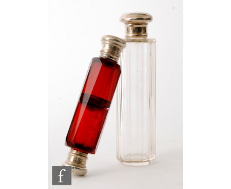 An early 20th Century hallmarked silver and clear glass faceted cylindrical scent bottle, length 13cm, London 1908, John Poun