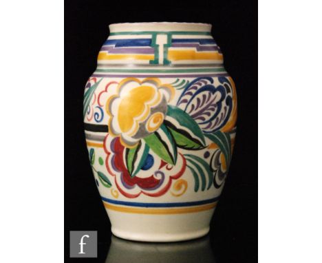 A Poole Pottery 1930s red bodied shape 439 vase decorated in the SM pattern by Doris Marshall, impressed mark, height 18cm, S