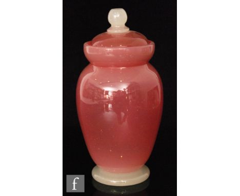 A 1930s Stevens and Williams Rose Alabaster glass ginger jar and cover of drawn ovoid form with flared neck and domed cover i