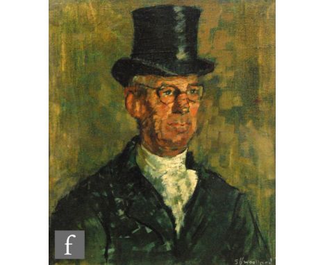 JOAN E. WOOLLARD,  PPRBSA, (1916-2008) - Portrait of Mr. Sanderson, oil on canvas, signed and dated '56, bears label verso, f