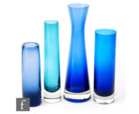 A group of four later 20th Century glass vases, all in blue, including a Holmegaard Labrador vase by Per Lutken, signed to ba