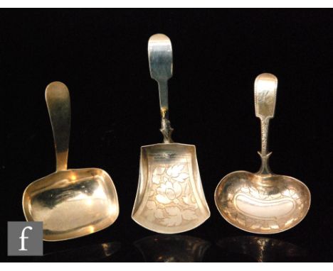 A Georgian hallmarked caddy spoon with kidney shaped bowl and bright cut leaf decoration, Birmingham 1813, Cocks &amp; Bettri