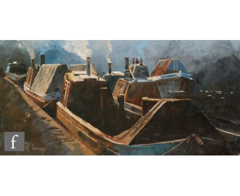 HARLEY CROSSLEY (B.1936) - 'Canal boats', oil on canvas, signed, stamped verso, framed, 31cm x 61cm, also two other oils by t