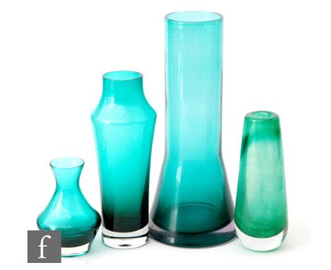 A group of four later 20th Century glass vases, all in green, including a Wedgwood vase of tapering cylindrical form by Ronal