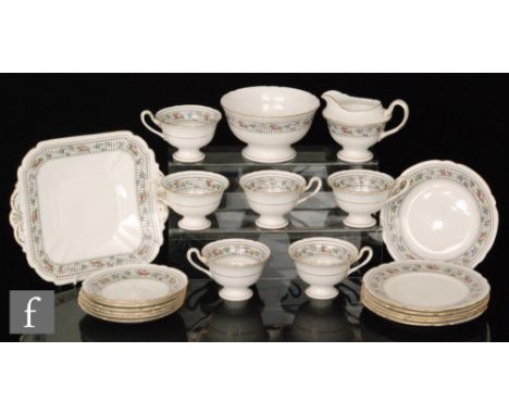 A 1930s part Shelley Gainsborough shape teaset comprising six cups, six saucers, six side plates, a cake plate, a milk jug an