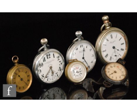 Three white metal crown wind open face pocket watches, all with white enamel dials and subsidiary dials, together with anothe