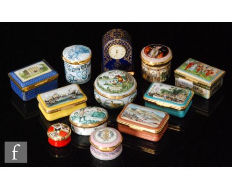A collection of Halcyon Days enamels, comprising a miniature mantle clock inspired by the Ritz Hotel, height 6.5cm, a 'La Vie
