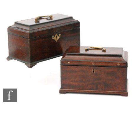 An 18th Century mason wood three divisioned tea caddy with mother of pearl detail to front, width 23cm and a similar tea cadd