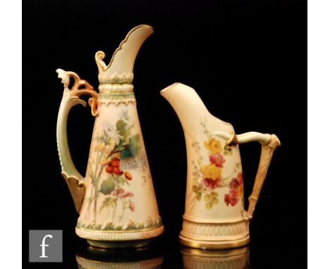 Two pieces of Royal Worcester blush ivory, a shape 1116 'stag horn' ice jug decorated with a spray of flowers, S/D, and a sha