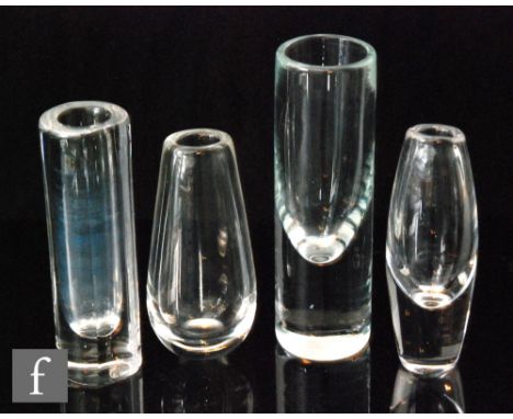 A group of four 20th Century clear crystal vases, including a Kosta cylindrical vase with flat back, with paper label, and tw