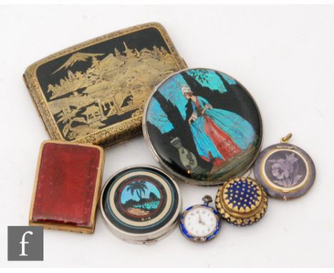 An early 20th Century ladies enamelled fob watch with snow winter scene to the reverse, S/D , an enamelled compact, four othe